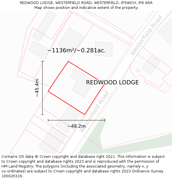 REDWOOD LODGE, WESTERFIELD ROAD, WESTERFIELD, IPSWICH, IP6 9AA: Plot and title map