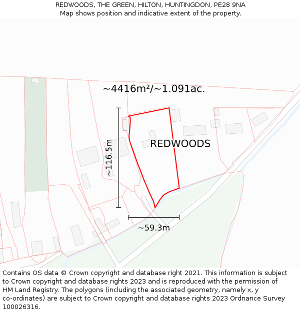 REDWOODS, THE GREEN, HILTON, HUNTINGDON, PE28 9NA: Plot and title map