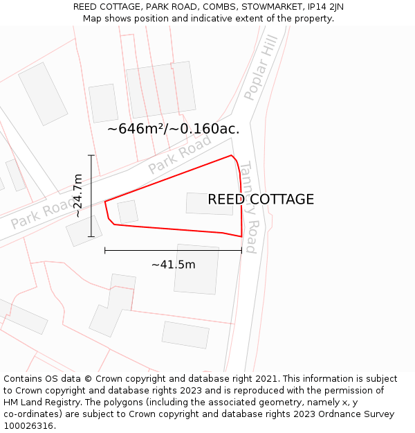 REED COTTAGE, PARK ROAD, COMBS, STOWMARKET, IP14 2JN: Plot and title map