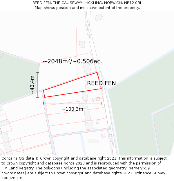 REED FEN, THE CAUSEWAY, HICKLING, NORWICH, NR12 0BL: Plot and title map