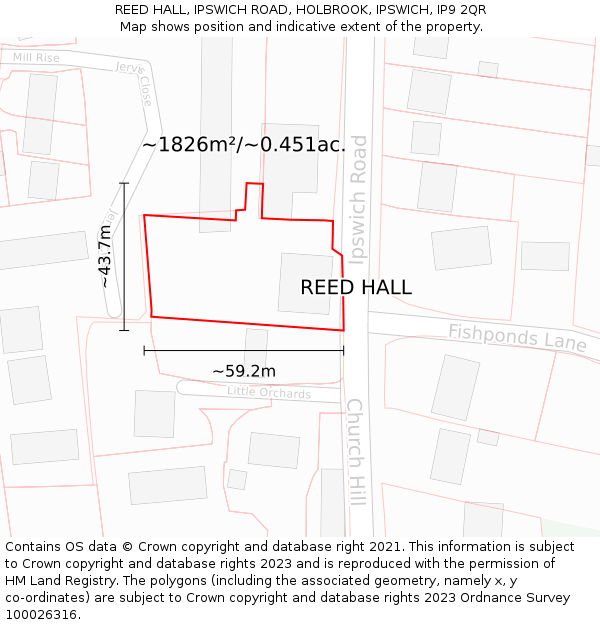 REED HALL, IPSWICH ROAD, HOLBROOK, IPSWICH, IP9 2QR: Plot and title map
