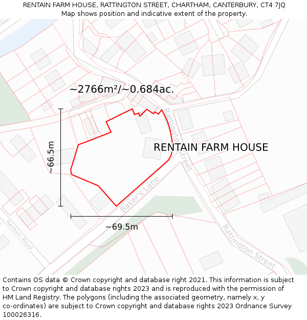 RENTAIN FARM HOUSE, RATTINGTON STREET, CHARTHAM, CANTERBURY, CT4 7JQ: Plot and title map