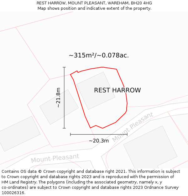 REST HARROW, MOUNT PLEASANT, WAREHAM, BH20 4HG: Plot and title map