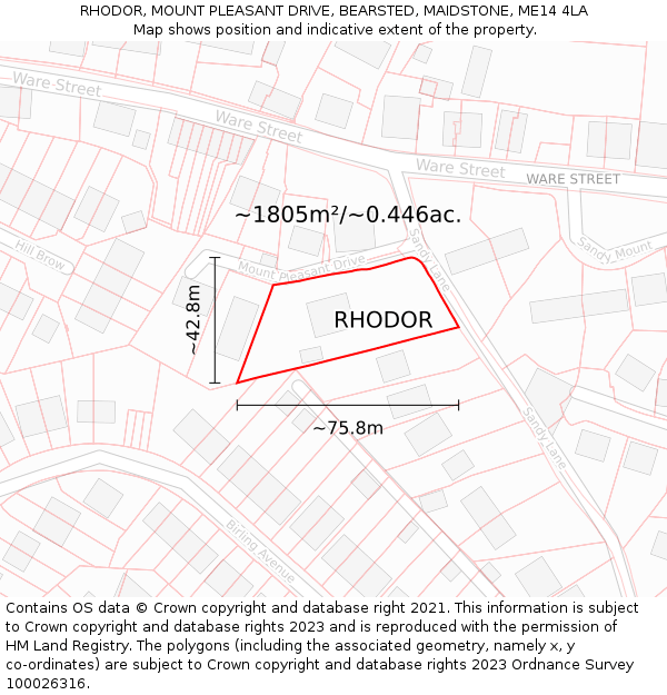 RHODOR, MOUNT PLEASANT DRIVE, BEARSTED, MAIDSTONE, ME14 4LA: Plot and title map