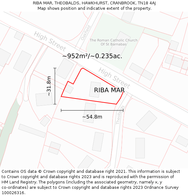 RIBA MAR, THEOBALDS, HAWKHURST, CRANBROOK, TN18 4AJ: Plot and title map