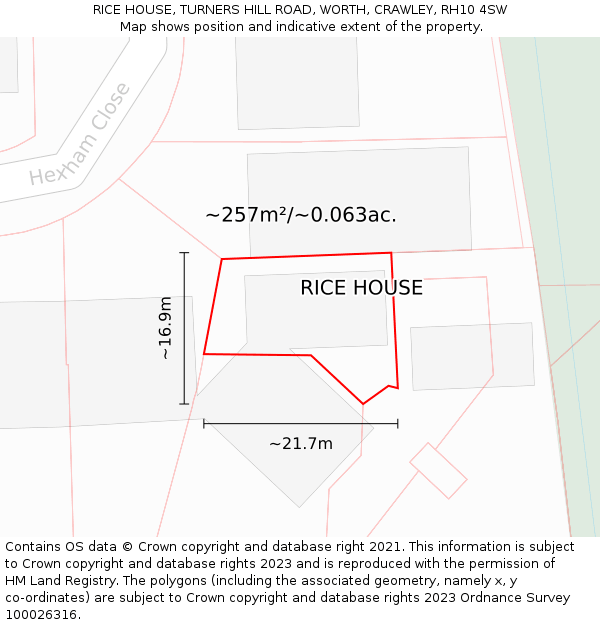 RICE HOUSE, TURNERS HILL ROAD, WORTH, CRAWLEY, RH10 4SW: Plot and title map