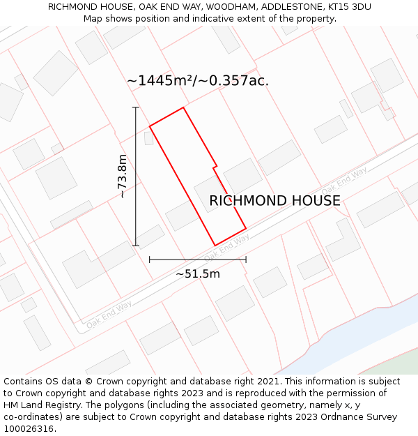 RICHMOND HOUSE, OAK END WAY, WOODHAM, ADDLESTONE, KT15 3DU: Plot and title map