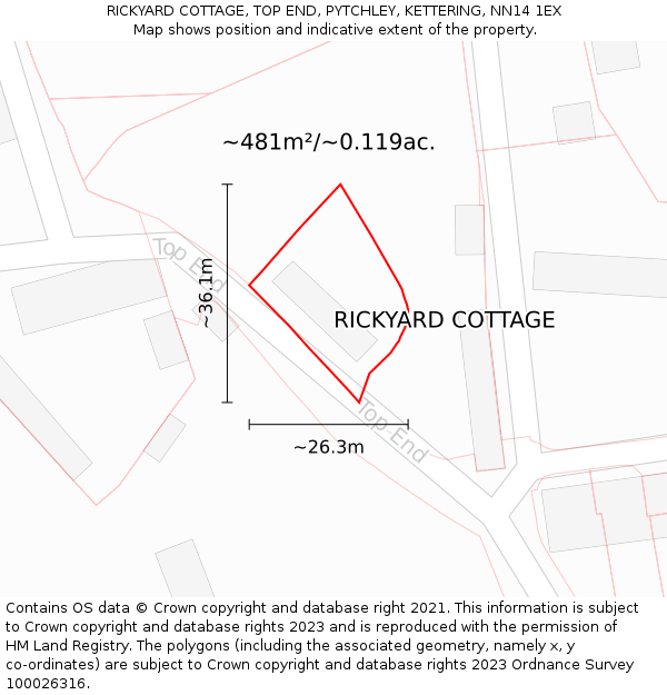 RICKYARD COTTAGE, TOP END, PYTCHLEY, KETTERING, NN14 1EX: Plot and title map