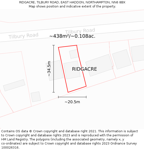 RIDGACRE, TILBURY ROAD, EAST HADDON, NORTHAMPTON, NN6 8BX: Plot and title map