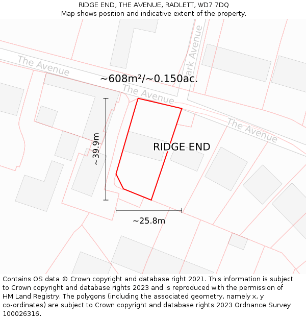 RIDGE END, THE AVENUE, RADLETT, WD7 7DQ: Plot and title map