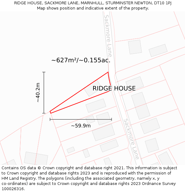 RIDGE HOUSE, SACKMORE LANE, MARNHULL, STURMINSTER NEWTON, DT10 1PJ: Plot and title map