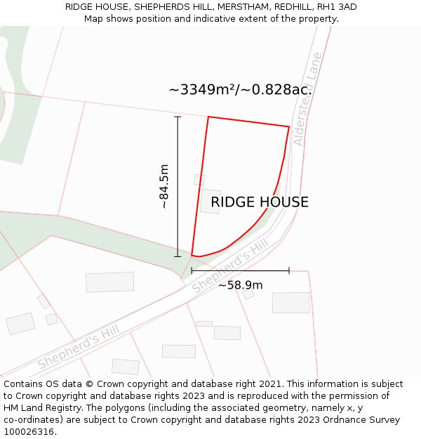 RIDGE HOUSE, SHEPHERDS HILL, MERSTHAM, REDHILL, RH1 3AD: Plot and title map