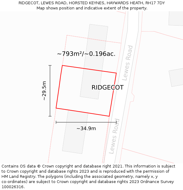 RIDGECOT, LEWES ROAD, HORSTED KEYNES, HAYWARDS HEATH, RH17 7DY: Plot and title map