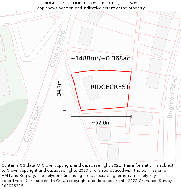 RIDGECREST, CHURCH ROAD, REDHILL, RH1 6QA: Plot and title map