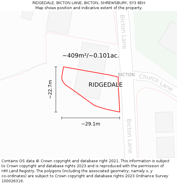 RIDGEDALE, BICTON LANE, BICTON, SHREWSBURY, SY3 8EH: Plot and title map