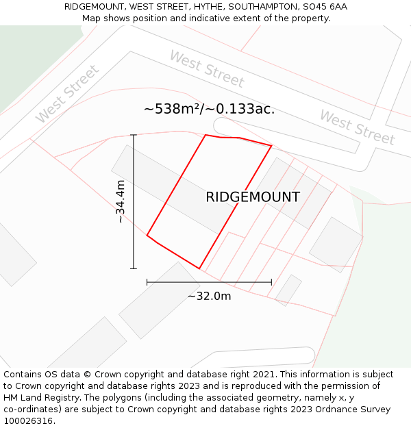 RIDGEMOUNT, WEST STREET, HYTHE, SOUTHAMPTON, SO45 6AA: Plot and title map