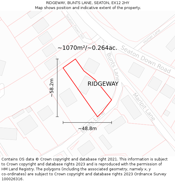 RIDGEWAY, BUNTS LANE, SEATON, EX12 2HY: Plot and title map