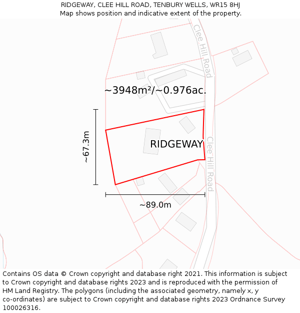 RIDGEWAY, CLEE HILL ROAD, TENBURY WELLS, WR15 8HJ: Plot and title map