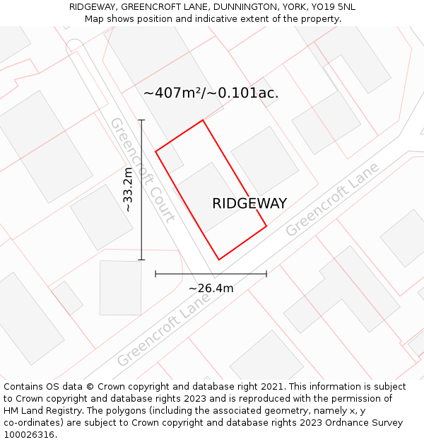 RIDGEWAY, GREENCROFT LANE, DUNNINGTON, YORK, YO19 5NL: Plot and title map