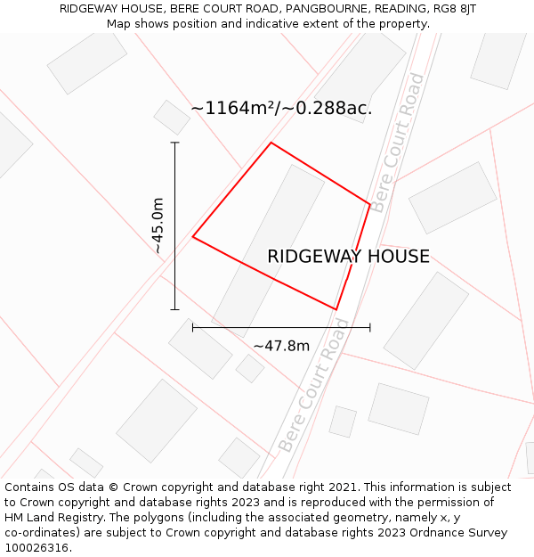 RIDGEWAY HOUSE, BERE COURT ROAD, PANGBOURNE, READING, RG8 8JT: Plot and title map