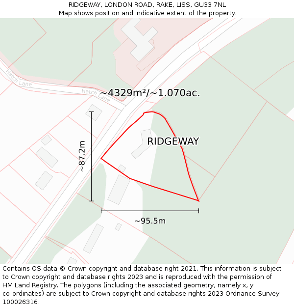 RIDGEWAY, LONDON ROAD, RAKE, LISS, GU33 7NL: Plot and title map