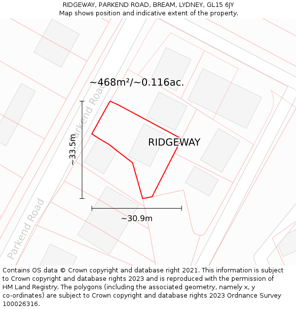 RIDGEWAY, PARKEND ROAD, BREAM, LYDNEY, GL15 6JY: Plot and title map