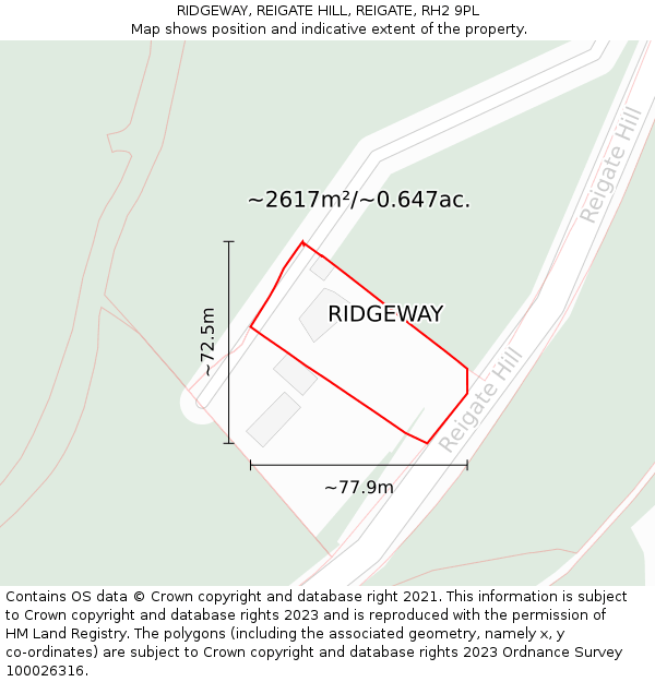 RIDGEWAY, REIGATE HILL, REIGATE, RH2 9PL: Plot and title map