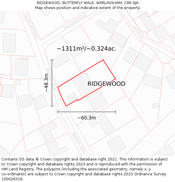 RIDGEWOOD, BUTTERFLY WALK, WARLINGHAM, CR6 9JA: Plot and title map