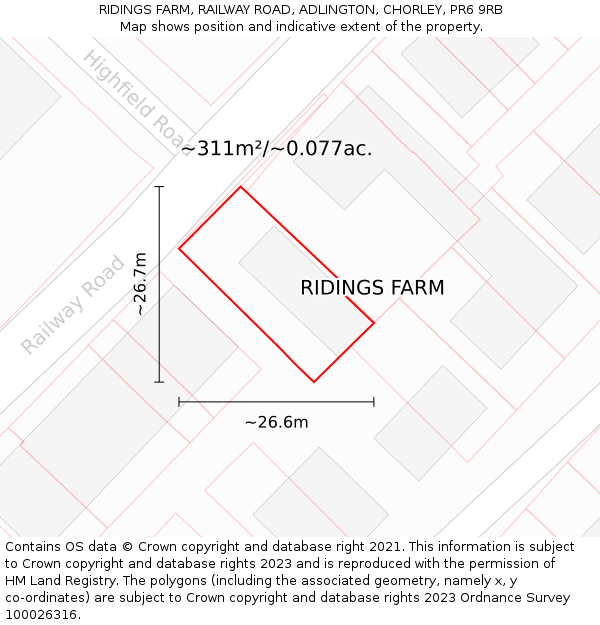 RIDINGS FARM, RAILWAY ROAD, ADLINGTON, CHORLEY, PR6 9RB: Plot and title map