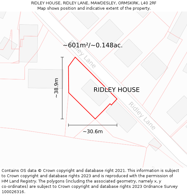 RIDLEY HOUSE, RIDLEY LANE, MAWDESLEY, ORMSKIRK, L40 2RF: Plot and title map