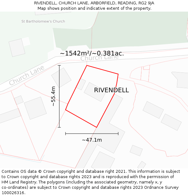 RIVENDELL, CHURCH LANE, ARBORFIELD, READING, RG2 9JA: Plot and title map