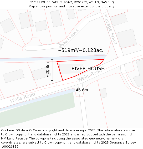 RIVER HOUSE, WELLS ROAD, WOOKEY, WELLS, BA5 1LQ: Plot and title map