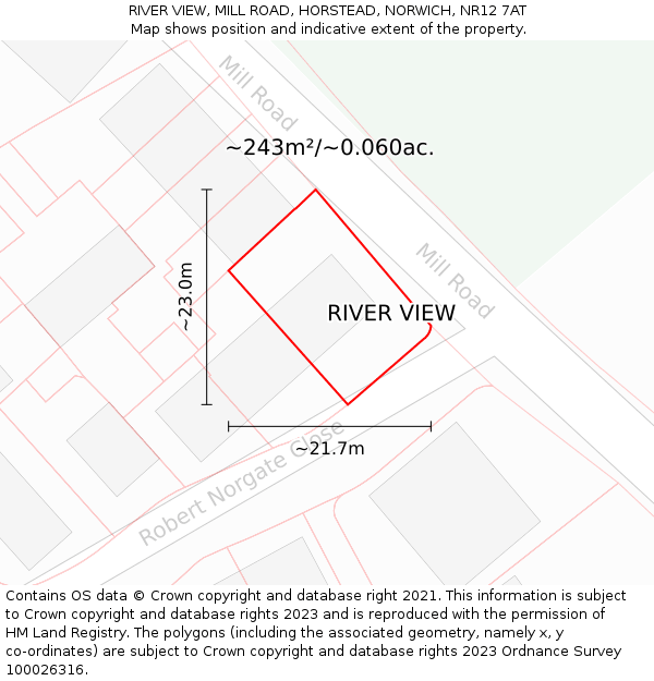RIVER VIEW, MILL ROAD, HORSTEAD, NORWICH, NR12 7AT: Plot and title map