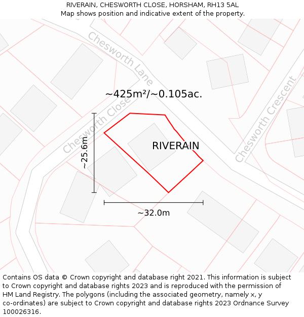RIVERAIN, CHESWORTH CLOSE, HORSHAM, RH13 5AL: Plot and title map