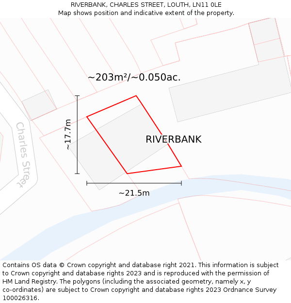 RIVERBANK, CHARLES STREET, LOUTH, LN11 0LE: Plot and title map