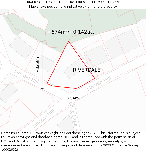 RIVERDALE, LINCOLN HILL, IRONBRIDGE, TELFORD, TF8 7NX: Plot and title map