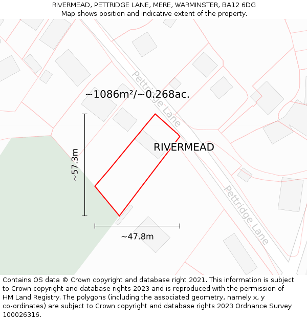 RIVERMEAD, PETTRIDGE LANE, MERE, WARMINSTER, BA12 6DG: Plot and title map