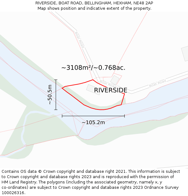 RIVERSIDE, BOAT ROAD, BELLINGHAM, HEXHAM, NE48 2AP: Plot and title map