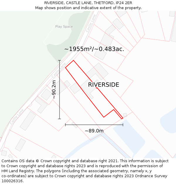 RIVERSIDE, CASTLE LANE, THETFORD, IP24 2ER: Plot and title map