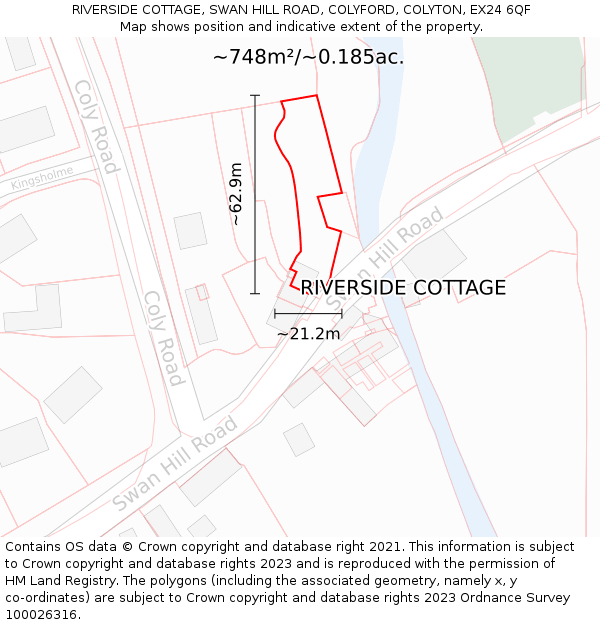 RIVERSIDE COTTAGE, SWAN HILL ROAD, COLYFORD, COLYTON, EX24 6QF: Plot and title map