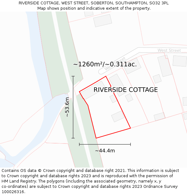 RIVERSIDE COTTAGE, WEST STREET, SOBERTON, SOUTHAMPTON, SO32 3PL: Plot and title map