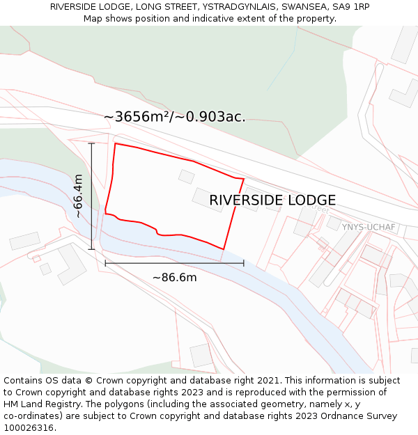 RIVERSIDE LODGE, LONG STREET, YSTRADGYNLAIS, SWANSEA, SA9 1RP: Plot and title map