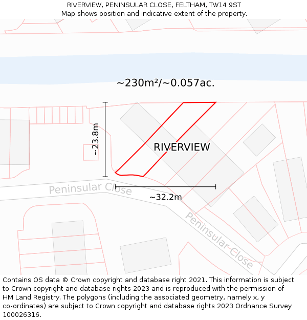 RIVERVIEW, PENINSULAR CLOSE, FELTHAM, TW14 9ST: Plot and title map