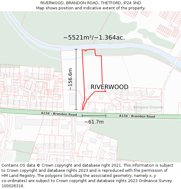 RIVERWOOD, BRANDON ROAD, THETFORD, IP24 3ND: Plot and title map