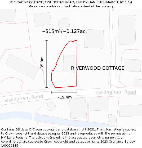 RIVERWOOD COTTAGE, GISLINGHAM ROAD, FINNINGHAM, STOWMARKET, IP14 4JA: Plot and title map