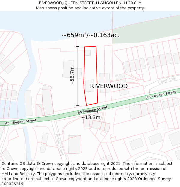 RIVERWOOD, QUEEN STREET, LLANGOLLEN, LL20 8LA: Plot and title map