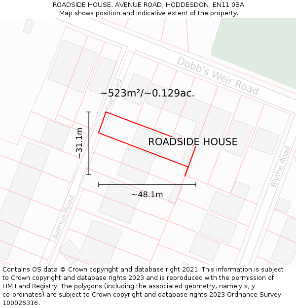 ROADSIDE HOUSE, AVENUE ROAD, HODDESDON, EN11 0BA: Plot and title map