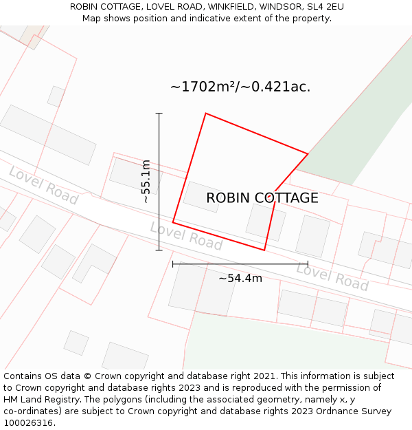 ROBIN COTTAGE, LOVEL ROAD, WINKFIELD, WINDSOR, SL4 2EU: Plot and title map