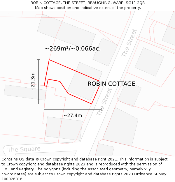 ROBIN COTTAGE, THE STREET, BRAUGHING, WARE, SG11 2QR: Plot and title map
