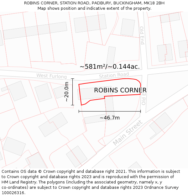 ROBINS CORNER, STATION ROAD, PADBURY, BUCKINGHAM, MK18 2BH: Plot and title map